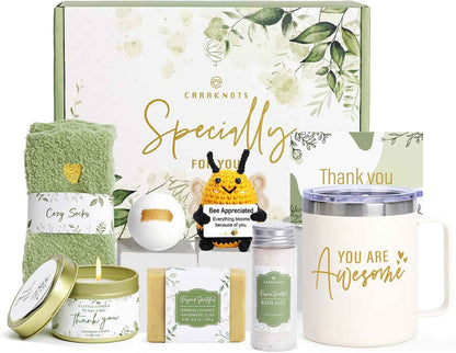 CARAKNOTS Thank You Gifts for Women, Appreciation Box for Coworker Employee | 10 Pcs Sage Green Gift Box for Nurse Boss Teacher, Crochet Bee Keepsake, Tumbler, Self Care Spa Items, Birthday Christmas
