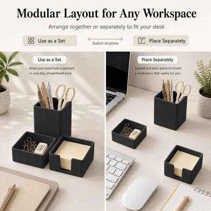 minimaliving Aesthetic Silicone Desk Organizer Set of 3,Modern Office Desk Accessories with Pen Holder,Paperclip Tray,Sticky Note Holder,Stylish Functional Office Desk Decor for Back-to-school(Black)