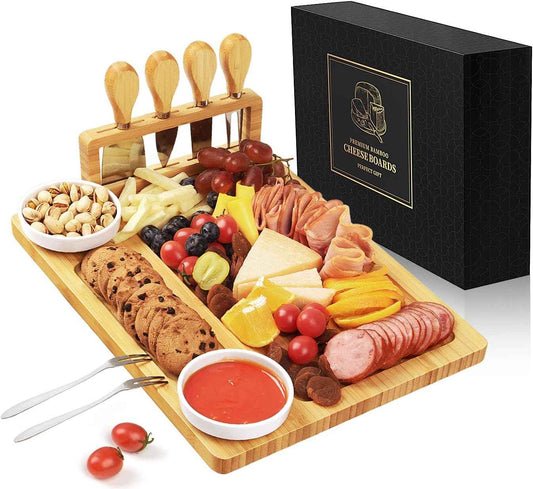 Bamboo charcuterie boards Gift Set - Serving Meat Cheese Board, Charcuterie Board Set with 4 Stainless Steel Cheese Knife, Ideal for House Warming Gifts New Home, Christmas, Bridal Shower Gift | 4 stainless steel cheese knives, serving platter. Perfect...