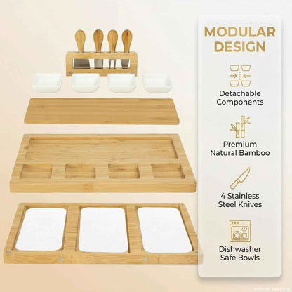 Charcuterie Board and Serving Set,Bamboo Cheese Board Snack Tray Set with Magnetic,Removable Ceramic & Prep Trays, Stainless Steel Knives,House Warming Gifts New Home, Wedding Gift