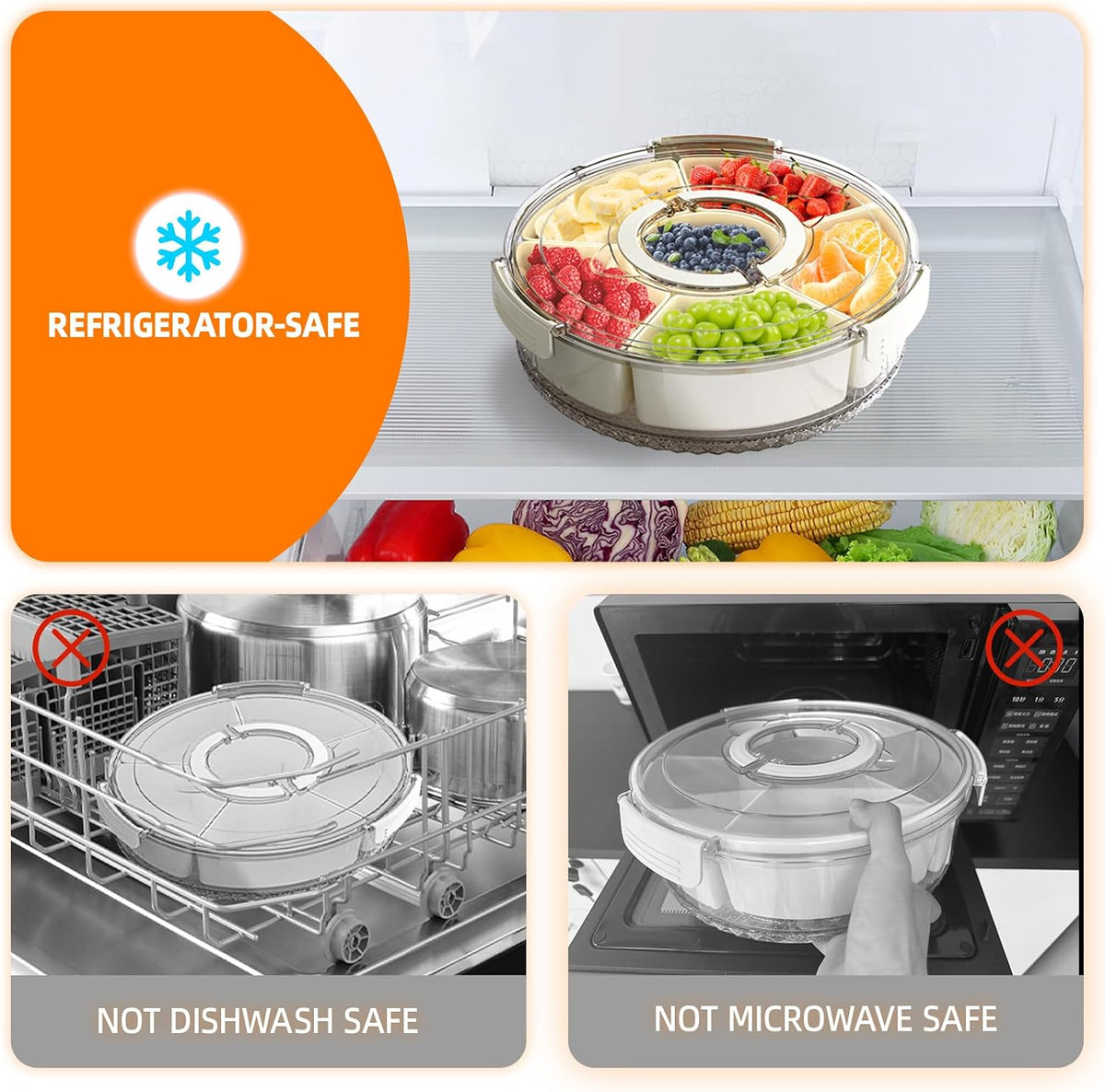 Divided Serving Tray with Lid and Handle, Stackable Snackle Box Container for Fruits Candy Organizer, Portable Spinning Rounded Veggie Tray for Kitchen, Party, Trave and Picnic-2 PACK