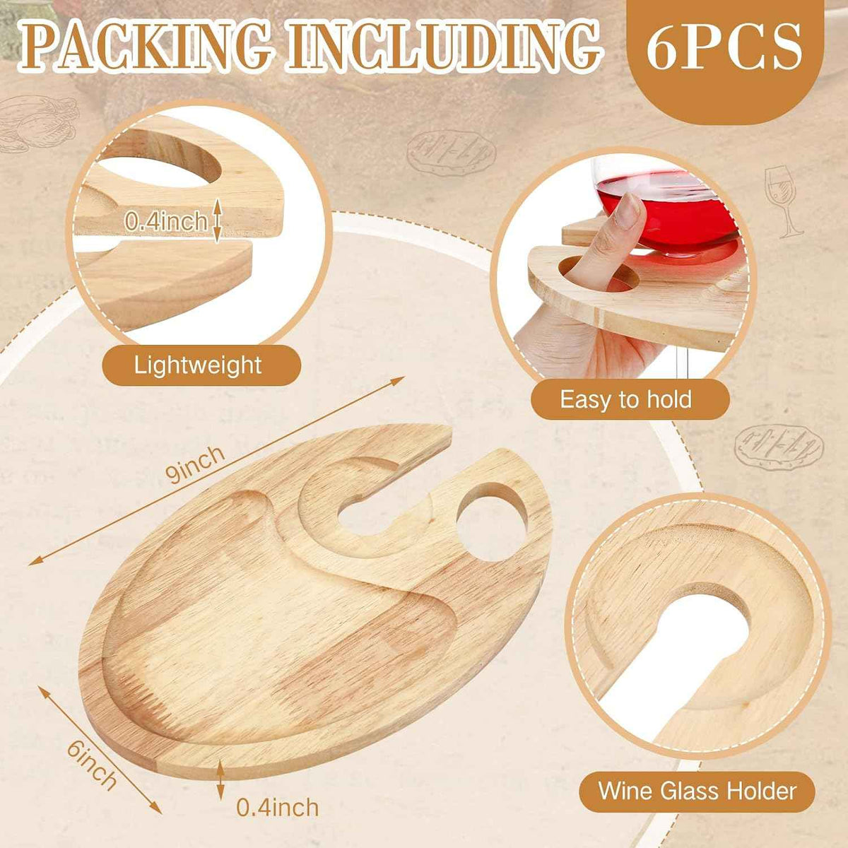 SiliFine 6 Pcs Wine Appetizer Plates with Wine Glass Holder Mini Charcuterie Board Glass Plates Set Picnic Tray for Party, Gatherings, Entertaining, 9 x 6(Rubber Wood)