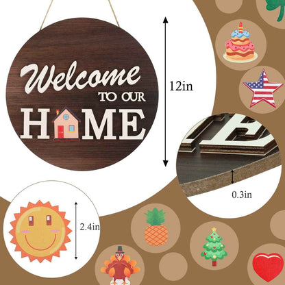 Interchangeable Welcome Sign for Front Door with 4 Seasonal Wreaths and 14 Changeable Icons, Farmhouse Front Door Signs, Door Decoration Porch Decor, Seasonal Wooden Home Sign home décor (6wood)