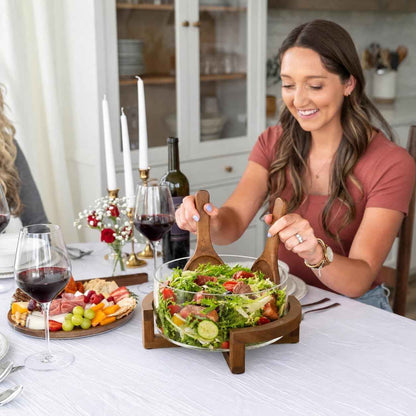 X-Large 6.5 L Glass Salad Bowl with Lid Set, Decorative Glass Mixing Bowl, Trifle and Serving Bowls with Lids as Cheese Charcuterie Board and Plate, Comes with Wood Serving Utensils