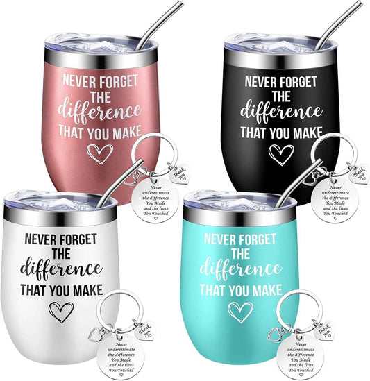 Geiserailie 8 Pcs Thank You Gift for Teacher Employee Never Forget The Difference That You Make 12 oz Stainless Steel Tumbler Keychain Set Team Appreciation Gift for Women Men Coworker (Classic Color)