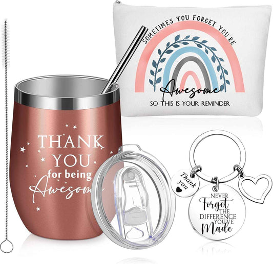 Sieral Thank You Gifts for Women Employee Appreciation Thank You for Being Awesome 12oz Stainless Steel Tumbler Keychain Makeup Bag Teacher Coworker Students Back to School Gifts(Rainbow)