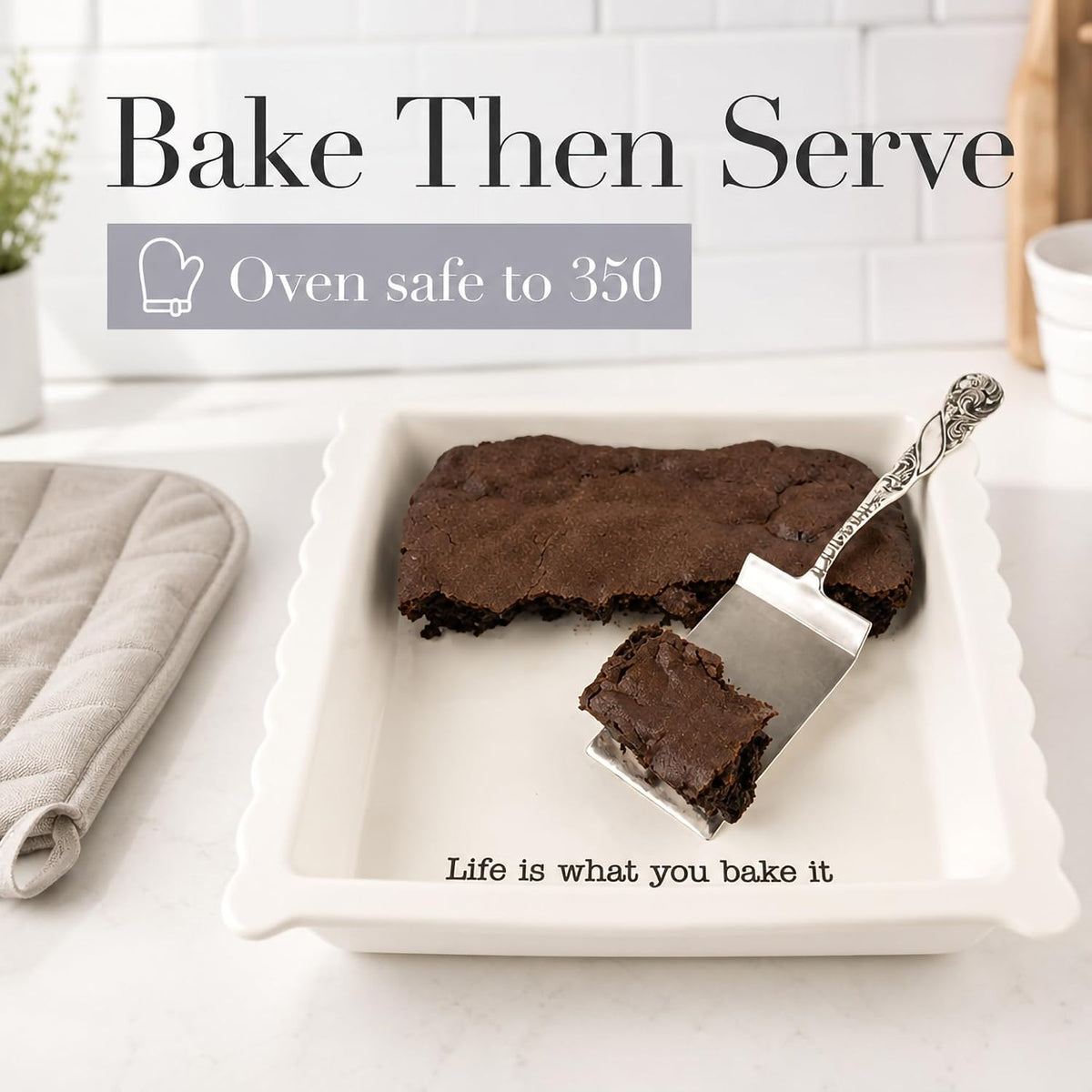 Mud Pie Ceramic Brownie Pan Set with Silverplate Server | Scalloped Brownie Baking Dish, Oven Safe Dishwasher Safe Bakeware, Perfect Brownie Pan for Desserts, Bars, Gifts, White