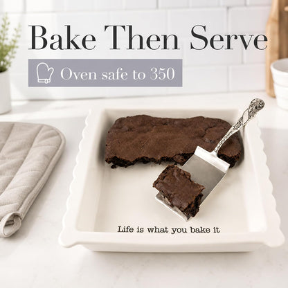 Mud Pie Ceramic Brownie Pan Set with Silverplate Server | Scalloped Brownie Baking Dish, Oven Safe Dishwasher Safe Bakeware, Perfect Brownie Pan for Desserts, Bars, Gifts, White