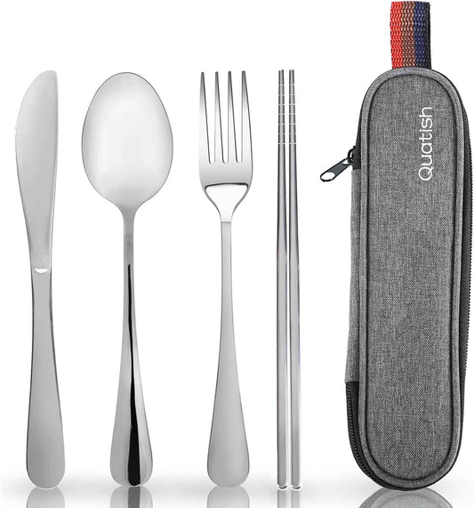 Travel Utensils with Case, Quatish Portable Silverware Set for Work, Stainless Steel Reusable Travel Cutlery, Fork and Spoon Set for Camping, Picnic, Gadgets, Lunch Box for Men, Christmas Gift, Silver