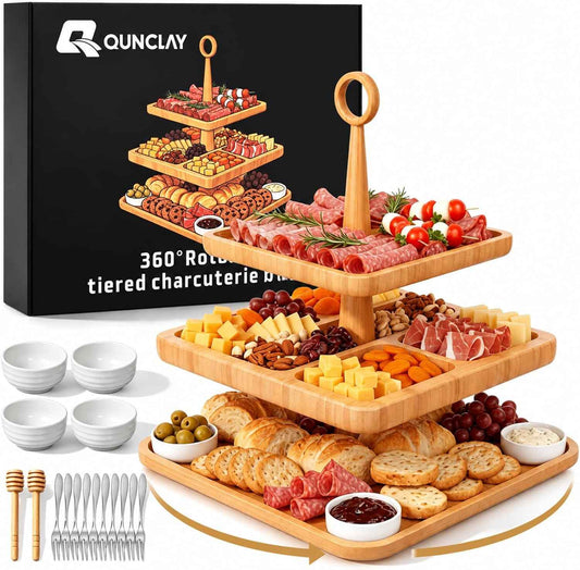 Qunclay 3-Tier Charcuterie Board 360° Rotating Lazy Susan Serving Tray | Wooden Tiered Serving Set with 4 Bowls, 12 Forks, Honey Sticks, Swivel Design for Party, Wedding, Housewarming