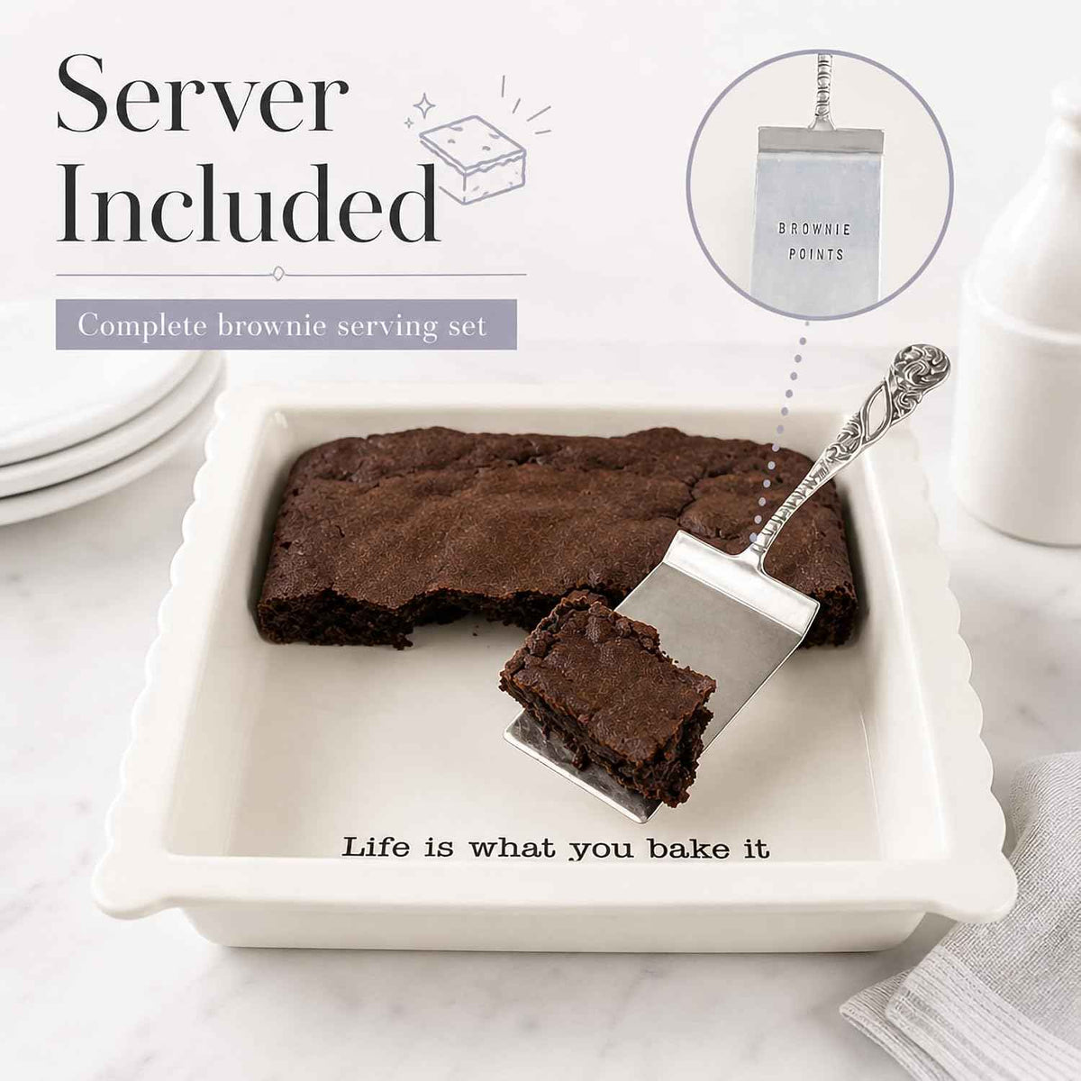 Mud Pie Ceramic Brownie Pan Set with Silverplate Server | Scalloped Brownie Baking Dish, Oven Safe Dishwasher Safe Bakeware, Perfect Brownie Pan for Desserts, Bars, Gifts, White