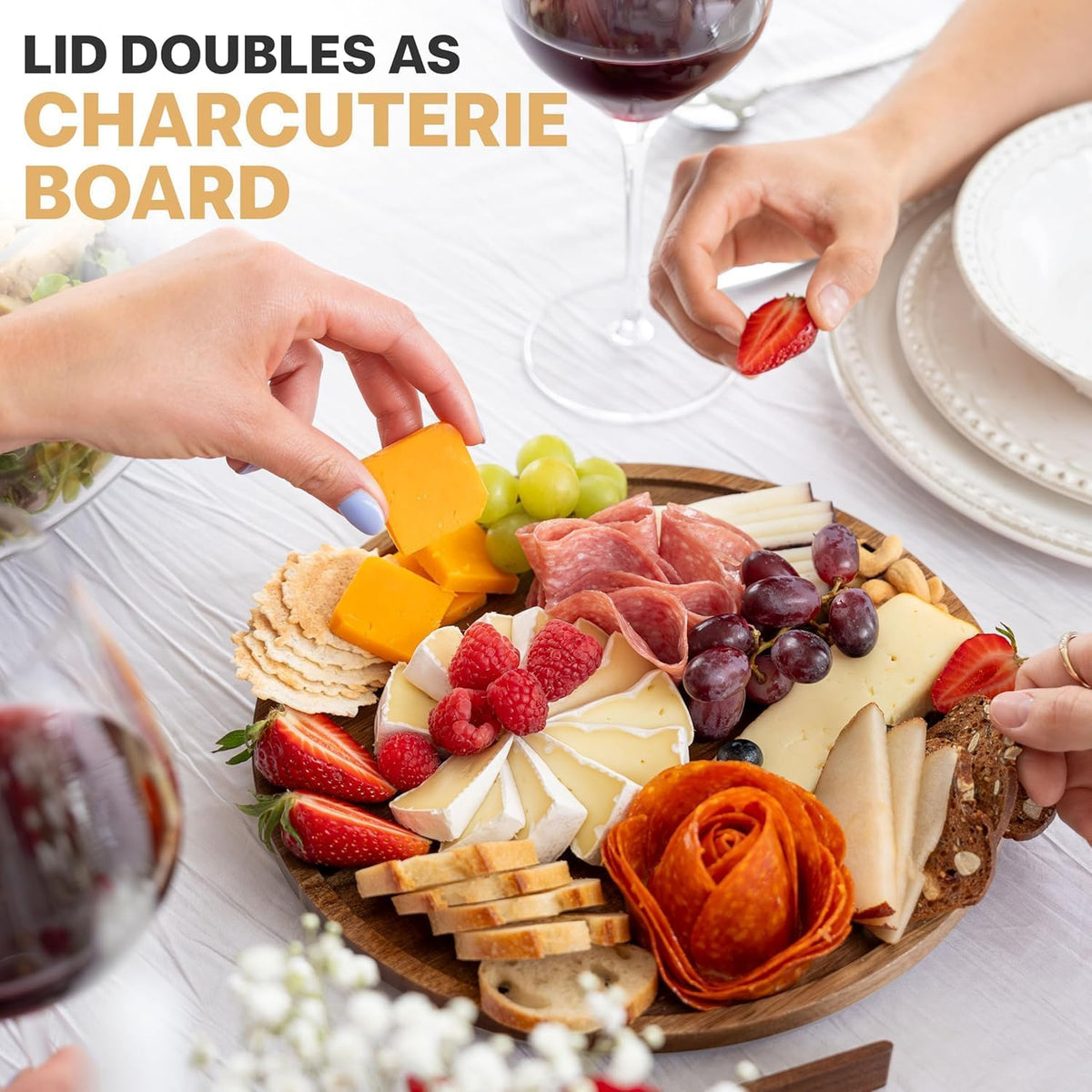 X-Large 6.5 L Glass Salad Bowl with Lid Set, Decorative Glass Mixing Bowl, Trifle and Serving Bowls with Lids as Cheese Charcuterie Board and Plate, Comes with Wood Serving Utensils