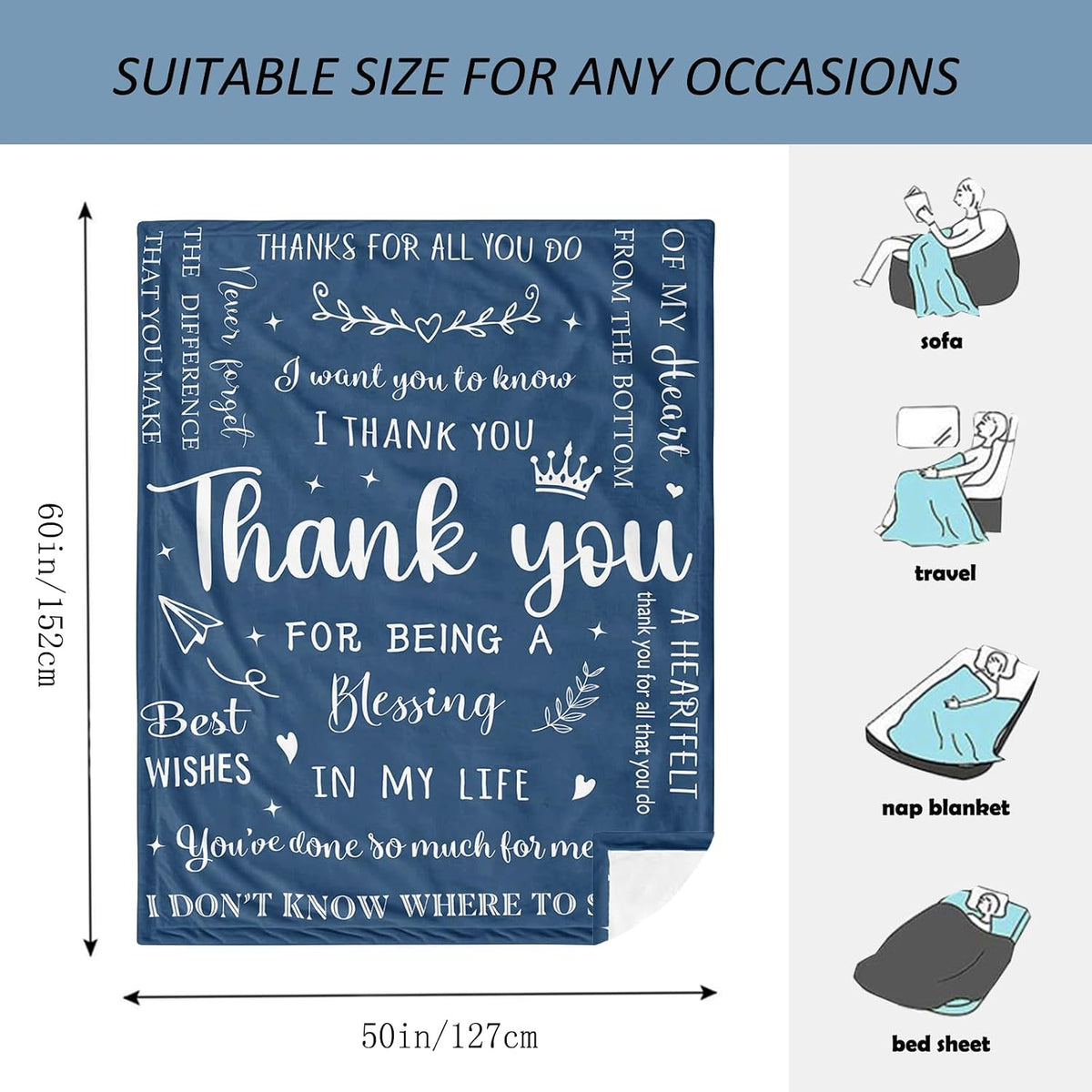Thank You Gifts, Thank You Blanket 60"X50" Blue, Appreciation Gifts | Thank You Gifts for Women Men, Thank You Gift for Coworker Teacher, Employee Appreciation Gifts, Inspirational Birthday Gift
