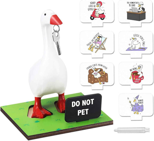 Relaxweex Magnetic Goose Key Holder Cute Resin Desk Goose Statue Wooden Base Writable Sign Chalk Interchangeable Sign for Housewarming Gift Office Home Bookshelf Table Decor(Cute Quotes,11 Pcs)