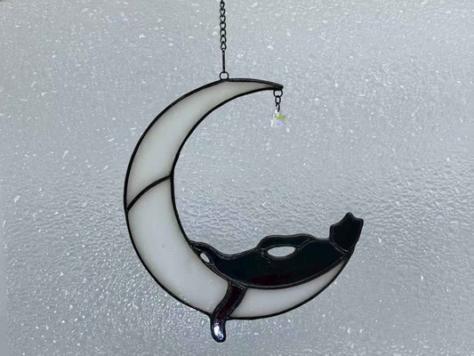 Handmade Cat Stained Glass Window Suncatcher, Moon Design, Home Decor Hanging Ornament (Gift 2)
