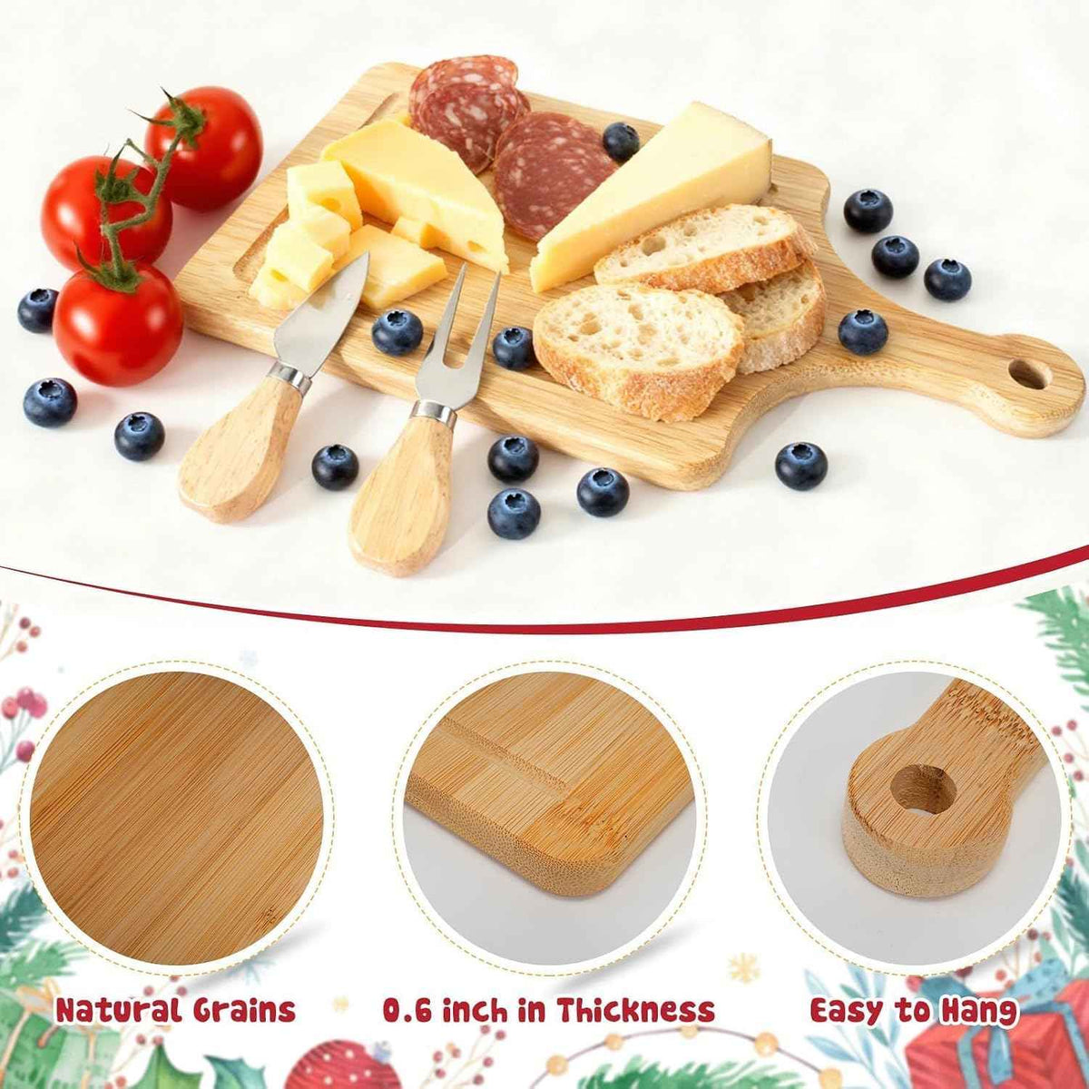 6 Set Christmas Cutting Board Gift Bulk Wooden Cheese Charcuterie Board | with Knives Forks Red Berry Towels Gift Bags Kitchen Housewarming Gifts for Neighbor Guest Xmas Holiday Party Decor