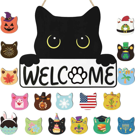 Cute Cat Interchangeable Welcome Home Sign for Front Door, Farmhouse Wooden Door Hanger with 18 Seasonal Icons, Porch, Entryway & Wall Decor, Housewarming Gift