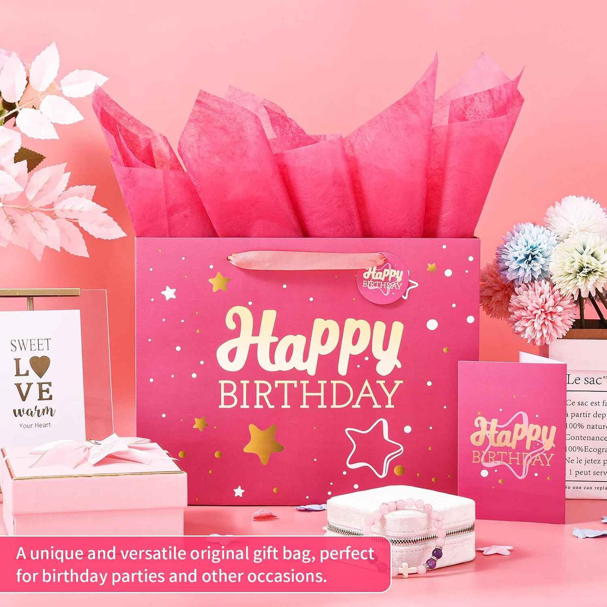 Powbrace 13" Birthday Gift Bag with Tissue Paper & Card(1 Pack Pink Gold) | Foil Stamping Gift Bags, Starry Sky Gift Bags, Happy Birthday Gift Bag for Men Women,Gift Bag Medium size