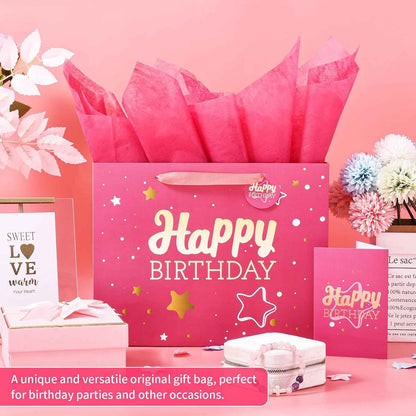Powbrace 13" Birthday Gift Bag with Tissue Paper & Card(1 Pack Pink Gold) | Foil Stamping Gift Bags, Starry Sky Gift Bags, Happy Birthday Gift Bag for Men Women,Gift Bag Medium size