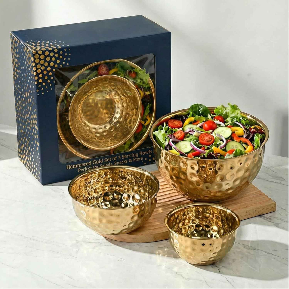 Gold Hammered Serving Bowls Set of 3（1.2/2.4/3.6QT with Elegant Gift Box – Stainless Steel Decorative Nesting Salad,Snack Bowl Set –for Parties,Kitchen Counter, Wedding, Housewarming