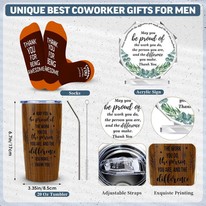 JTAMOHI 9 Pcs Employee Appreciation Gifts for Men, Best Coworker Appreciation Gifts with 20 Oz Tumbler, Leather Journal Notebook, Socks, Acrylic Award Plaque Sign, Thank You Gift for Employee