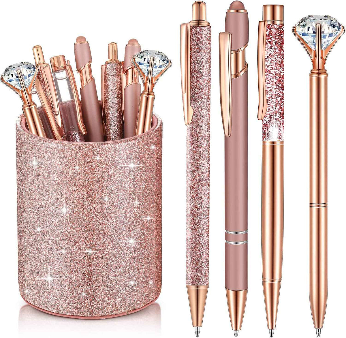 Sabary 8 Pcs Rose Gold Diamond Pens with Glitter Desk Pen Holder for Women