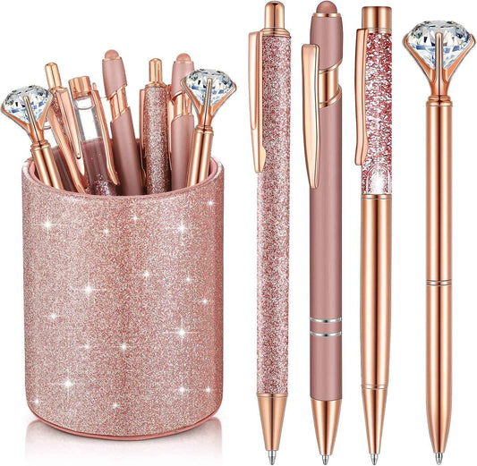 Sabary 8 Pcs Rose Gold Diamond Pens with Glitter Desk Pen Holder for Women