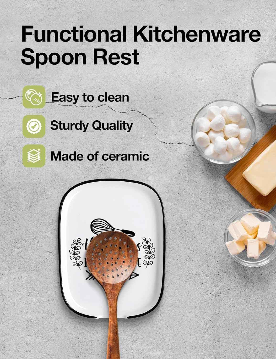 Spoon Fork Rest Happiness Is Homemade Ceramic Heat-Resistant Kitchenware Kitchen Accessory, Suitable for Dinner Party Host, Dining Table, Kitchen Countertop or Stove Top and Gift for Home Chef