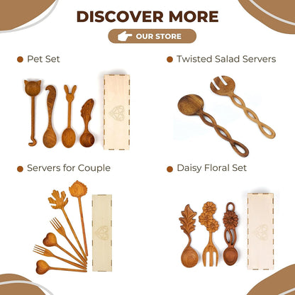 JABIHOME 4 Wooden Spoons and Forks Set, Thanksgiving Gifts for Women | 4pcs, Solid Wood, Beautiful Handcrafted, Ready-Gift Box