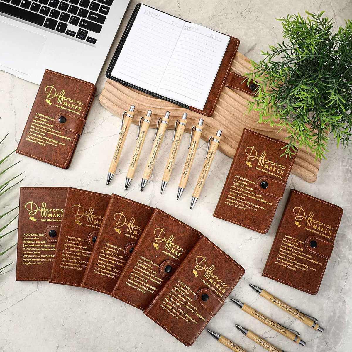 Marspark 10 Sets Difference Maker Appreciation Gifts,Brown | Inspirational A5 Leather Notebook with Pens for Men Women Coworkers Employees, Thank You Back to School Teacher Gifts