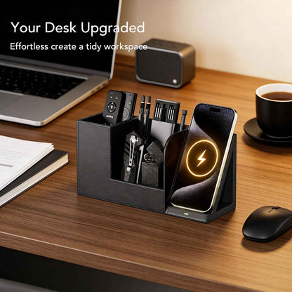 GORESE Desk Organizer with Charging Station, PU Leather Desktop Pen Holder Remote Organizers with Phone Charging Stand for Office Home Nightstand, Practical Gifts for Men Who Want Nothing, Black