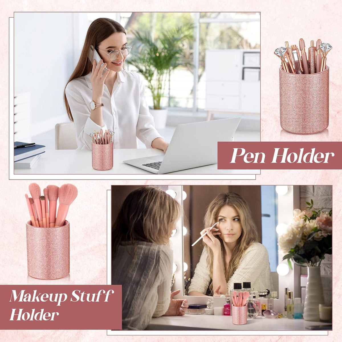 Sabary 8 Pcs Rose Gold Diamond Pens with Glitter Desk Pen Holder for Women