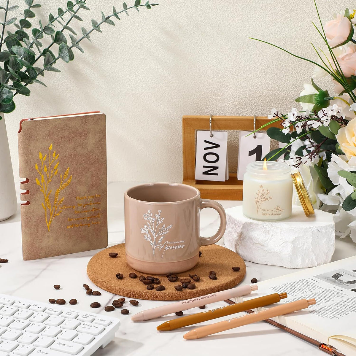 Didaey 7 Pcs Employees Appreciation Gifts Back to School Thank You Gifts for Teacher Women Men Coworker Thank You for Being Awesome Journal Mug Candle Pens for Staff Nurse (Kaki)