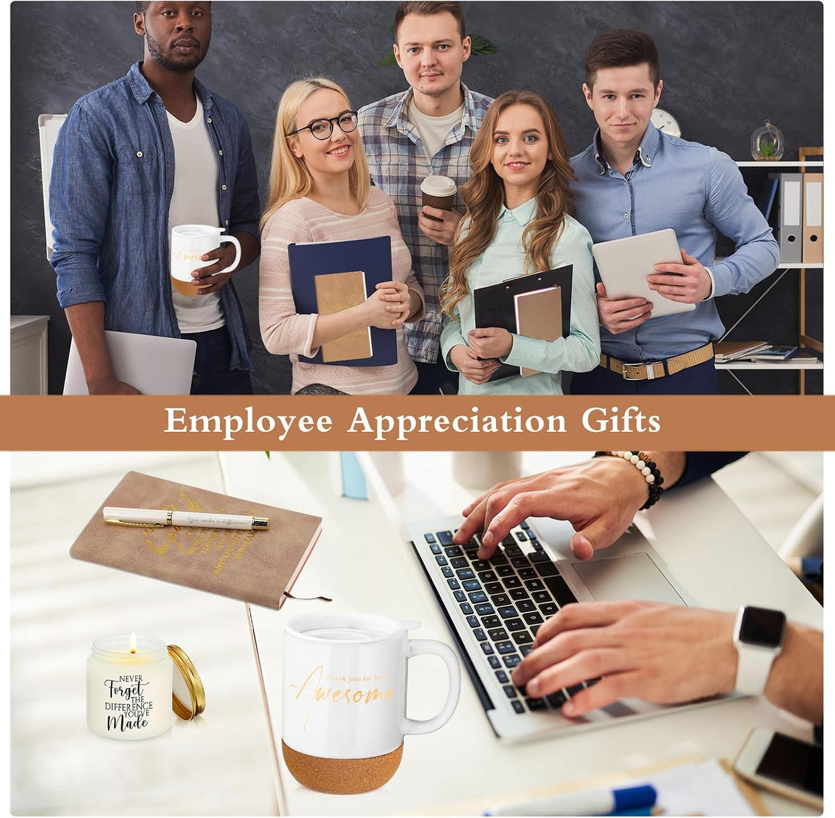 Sayglossy 4 Pcs Thank You Gift Set for Men Women Teacher Coworker, Khaki | Back to School Appreciation Gift Leather Notebook Mug Scented Candle Pen Housekeeping Week Gifts for Staff Male Nurse Boss
