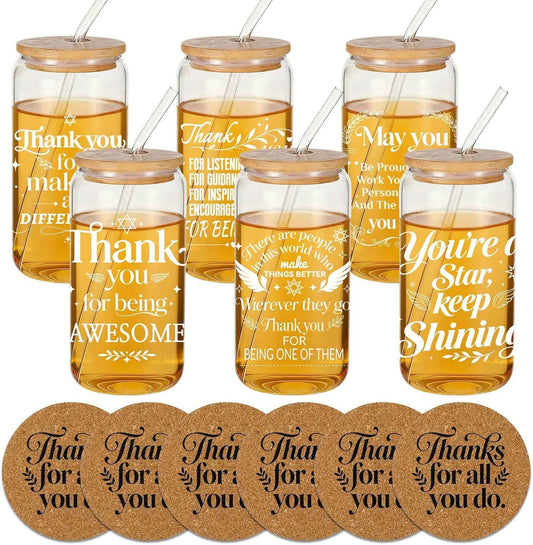 6 Set Employee Appreciation Gifts Glass Cups Bulk, Thank You Gift for Staff Coworker 16oz Can Shaped Beer Glass Cups, Gift Box, Hanging Cards and Coaster Birthday Gift for for Team Women Men Teacher