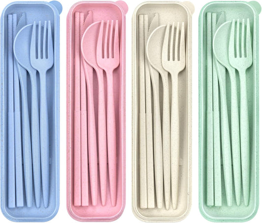 DISSKNIC 4 Sets Travel Utensils with Case, Cutlery Set Chopsticks Fork Spoon Knife with Case, Reusable Plastic Utensils Sets for Lunch Box Accessories,Portable Lunch Box Utensils Set for Daily Use
