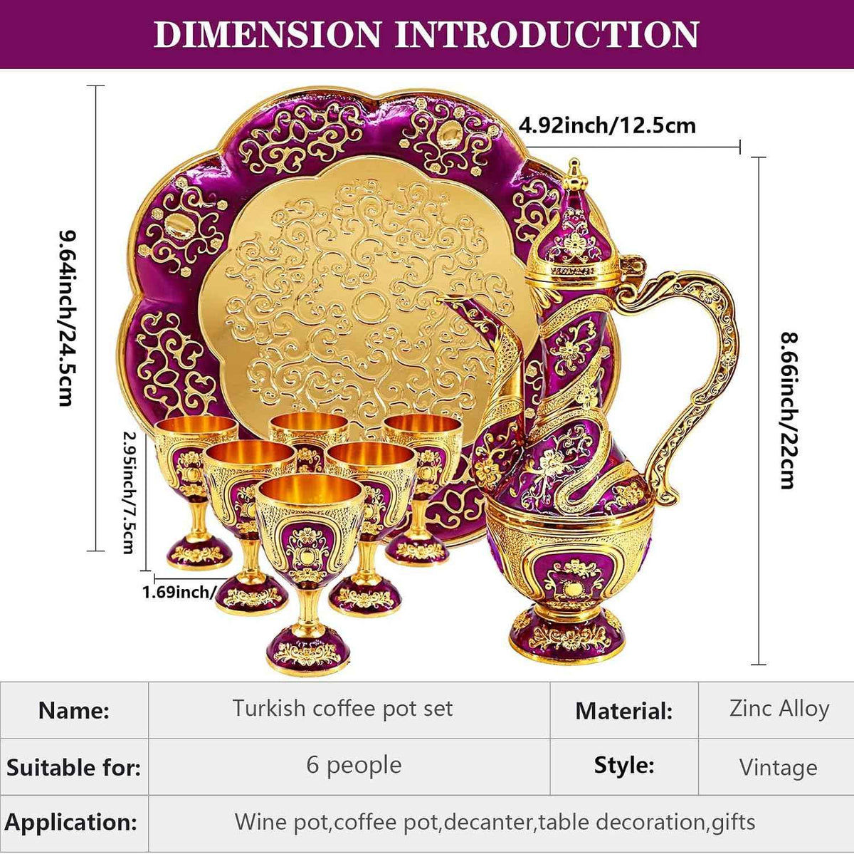 Turkish Tea Coffee Cup and Pot Set Including Teapot,Tea Tray,6 Cups | Vintage Metal,Service set Table Cabinet,Hip Flask Home Party Decor,Middle Eastern, Greek style (Gold and Purple)