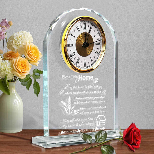Housewarming Gifts for New Home, Engraved Crystal Glass Clock with Blessing Words, Elegant Home Decoration for Desk, Office, Bedroom - Unique House Warming Gift for Women, Men, Couples, Family