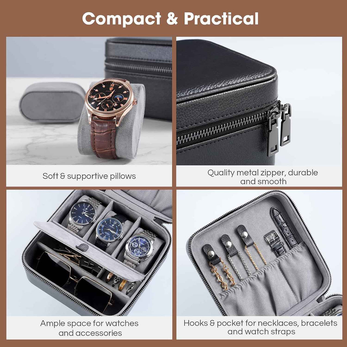 Three-Slot Travel Watch Case in Black