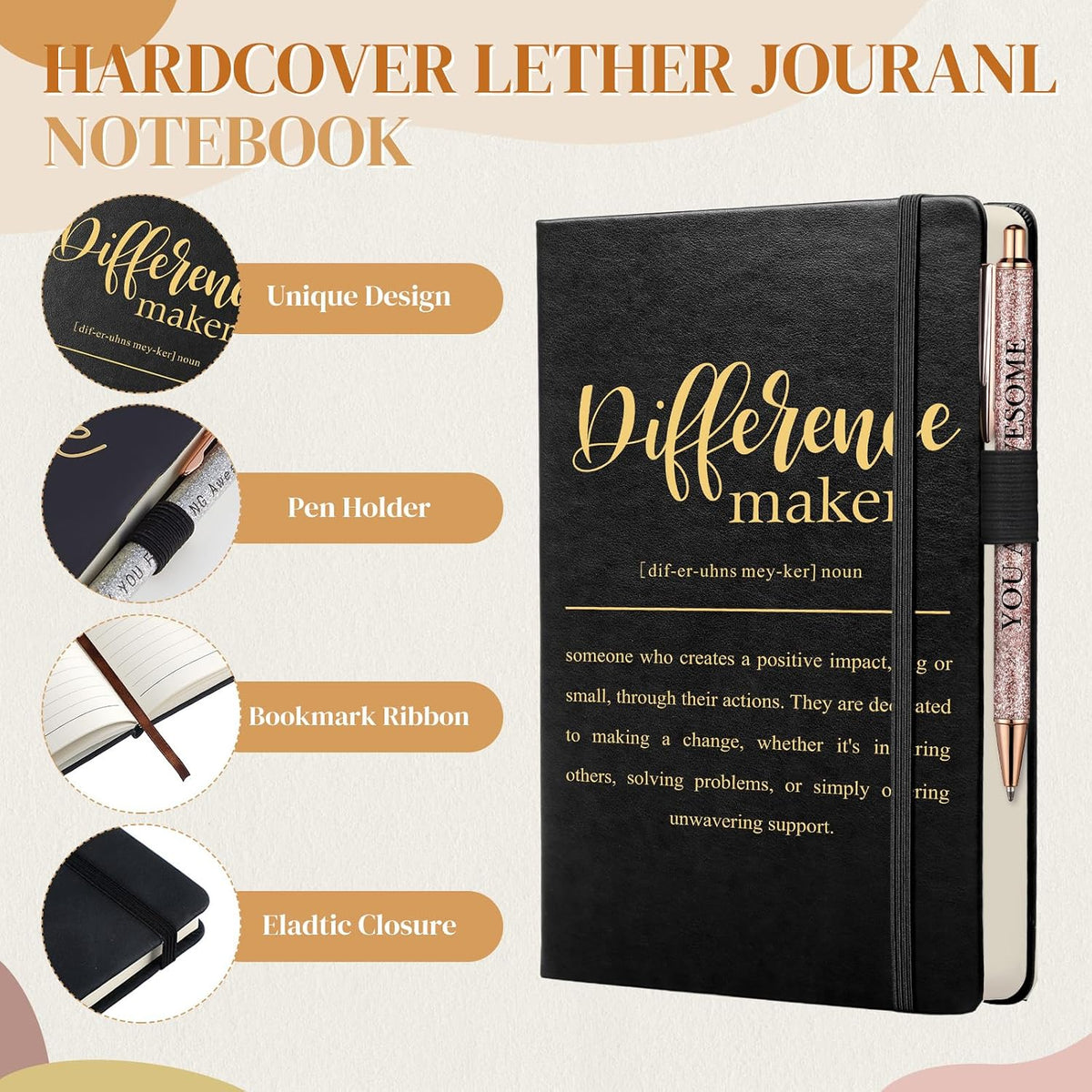 Funnymoom 7 Pcs Difference Maker Gift for Women | Thank You Gifts, Employee Appreciation Gifts Set Includs Tote Bag Leather Journal Pen Tumbler Makeup Bag for Teacher Nurse