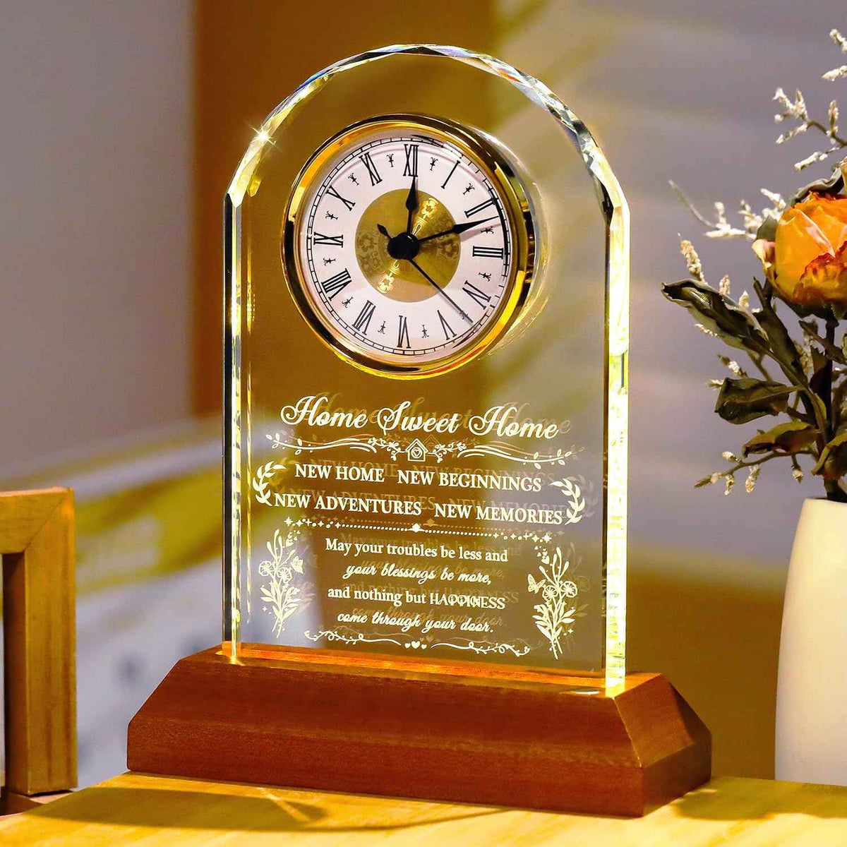 Ornalrist House Warming Gifts New Home for Women Men Glass Clock Keepsake | with Wooden LED Light Base, Unique Housewarming Gift Ideas for Couples, Blessing Warming Gifts for New House Family