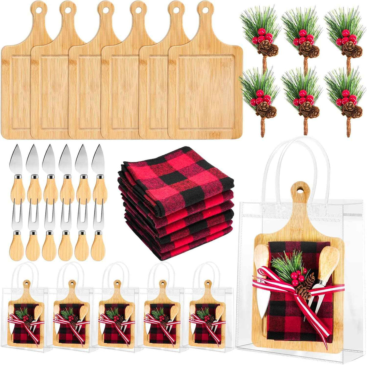6 Set Christmas Cutting Board Gift Bulk Wooden Cheese Charcuterie Board | with Knives Forks Red Berry Towels Gift Bags Kitchen Housewarming Gifts for Neighbor Guest Xmas Holiday Party Decor