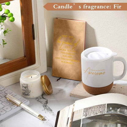 Sayglossy 4 Pcs Thank You Gift Set for Men Women Teacher Coworker, Khaki | Back to School Appreciation Gift Leather Notebook Mug Scented Candle Pen Housekeeping Week Gifts for Staff Male Nurse Boss
