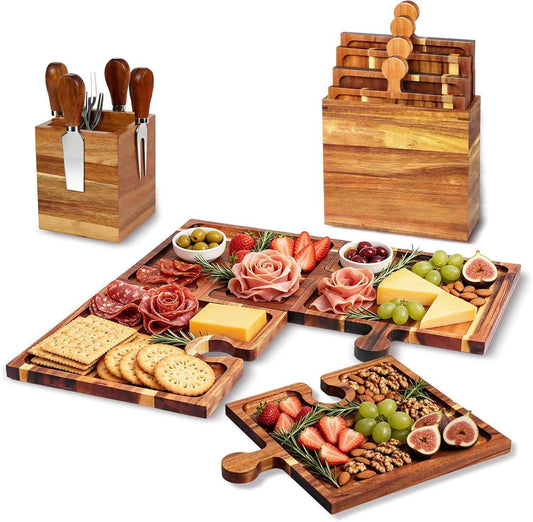 Wood Charcuterie Boards Set,Charcuterie Accessories with Magnetic Storage | Acacia Wood,9 Pack Cheese Knives with Magnetic Holder, Wine Accessories,Housewarming Gifts Hosting Entertaining Birthday