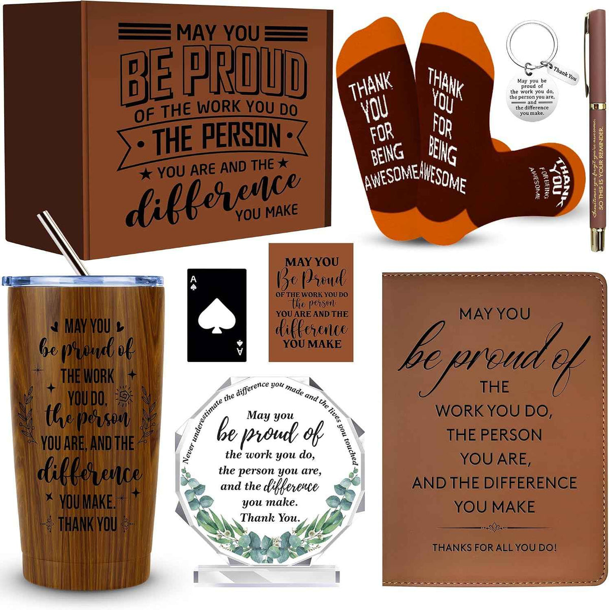 JTAMOHI 9 Pcs Employee Appreciation Gifts for Men, Best Coworker Appreciation Gifts with 20 Oz Tumbler, Leather Journal Notebook, Socks, Acrylic Award Plaque Sign, Thank You Gift for Employee