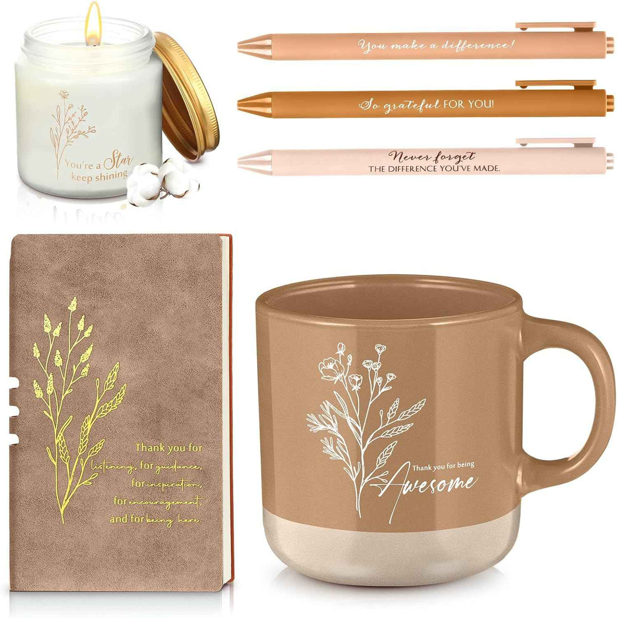 Didaey 7 Pcs Employees Appreciation Gifts Back to School Thank You Gifts for Teacher Women Men Coworker Thank You for Being Awesome Journal Mug Candle Pens for Staff Nurse (Kaki)