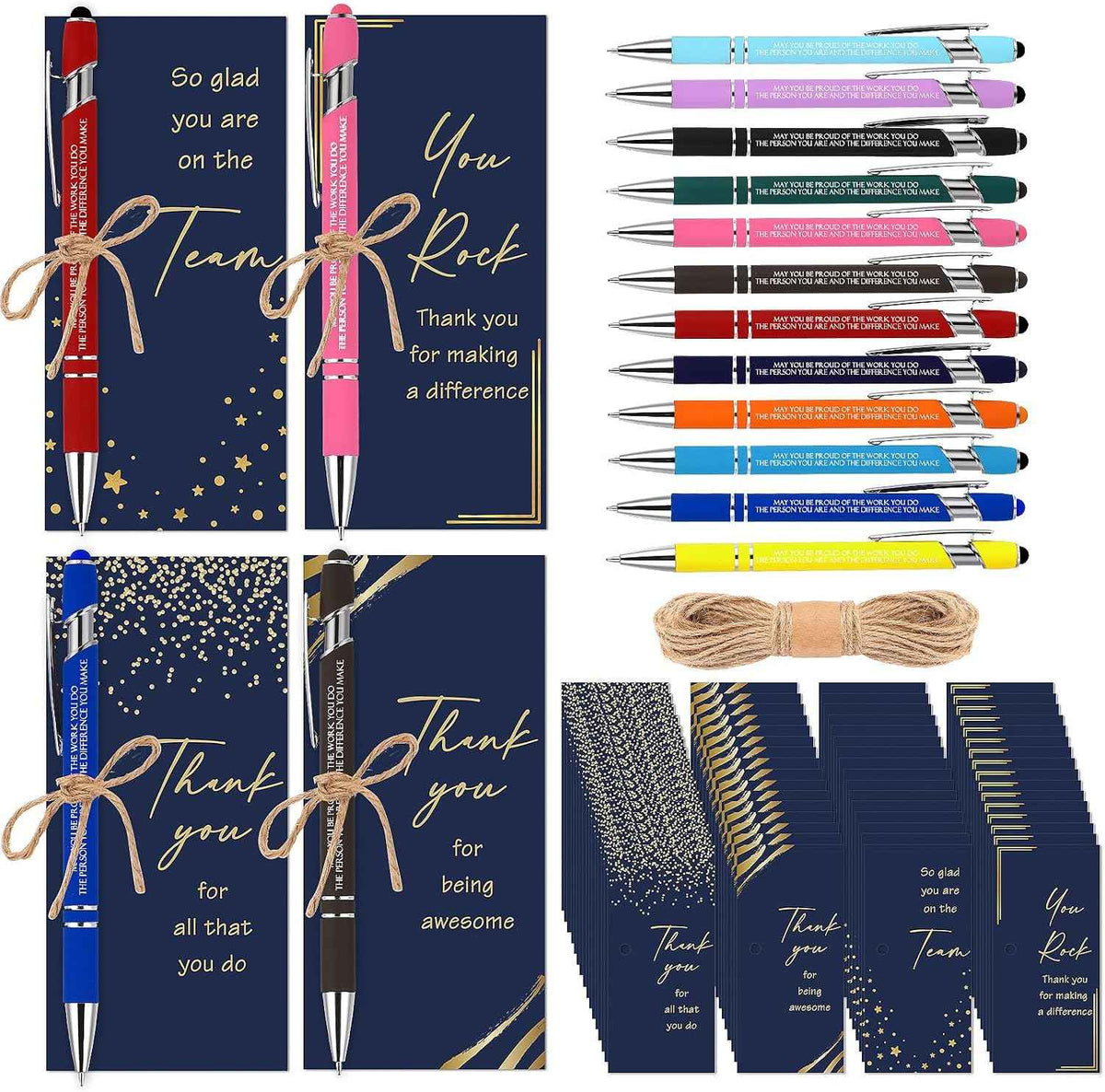 Qilery 24 Set Employee Appreciation Pens Gift Black Ink Metal Inspirational Ballpoint Pen with Stylus Tip Colorful Motivational Quote with Thank You Card Rope for Office Coworker Men Women