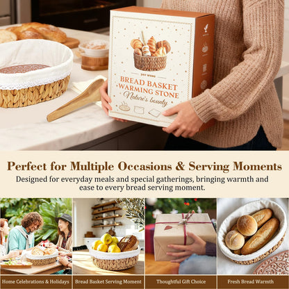 Bread Warmer Basket with Stone - Large Bread Baskets for Serving/House Warming Gifts New Home for Women/Kitchen Gifts for Bakers Hostess