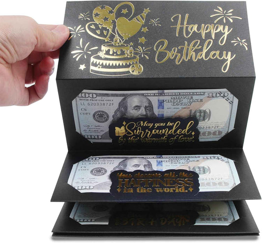 Birthday Money Envelope for Cash Gifts, Surprise Cash Envelope Money Holder | Birthday Money Envelope for Men Women Girls Boys, Black Gold Birthday Money Gifts