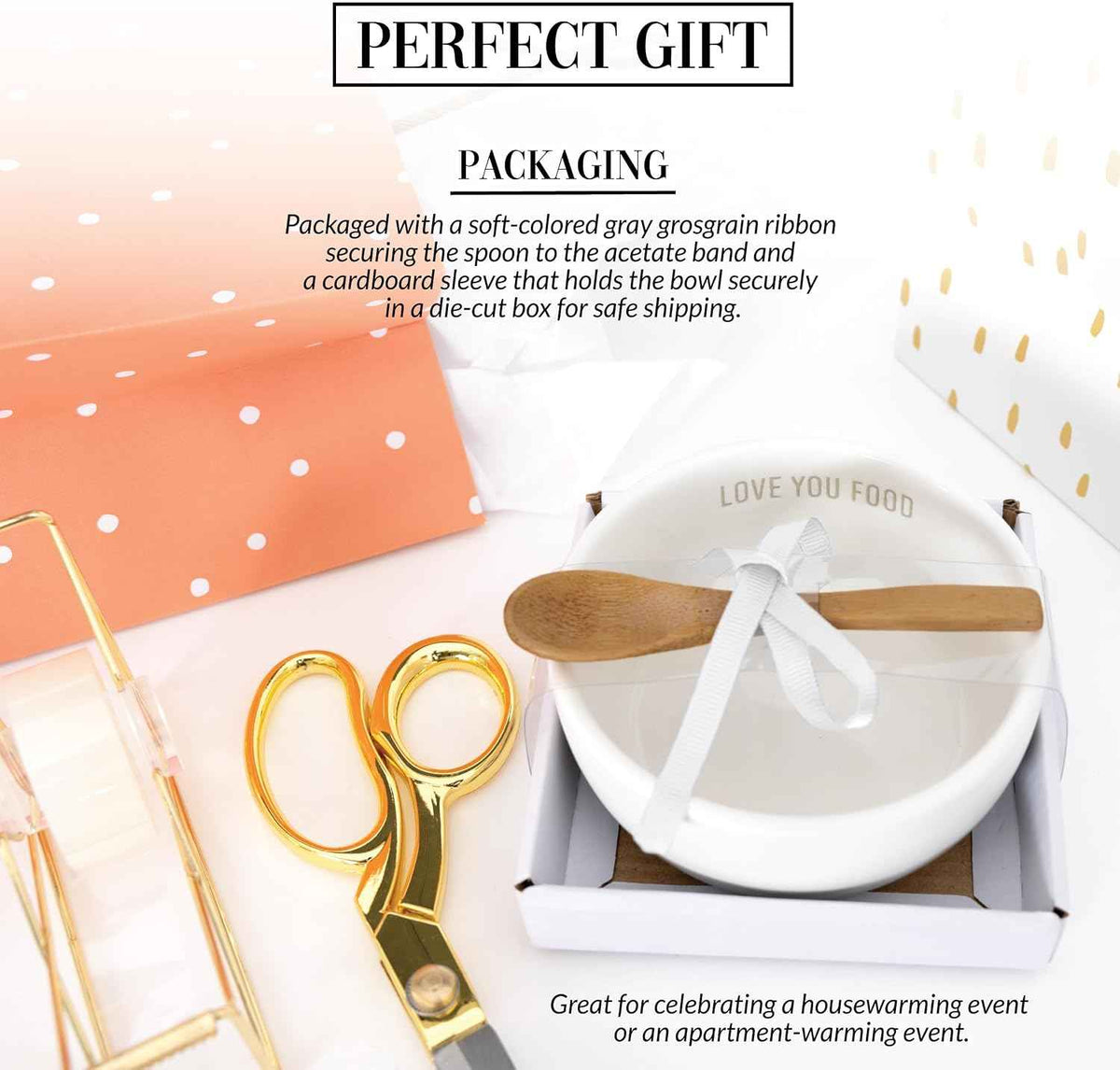 Pavilion Gift Company - Love You Food - 4.5" Bowl with 4.75" Bamboo Spoon Housewarming Appartment-Warming Hostess New Home Gift Present